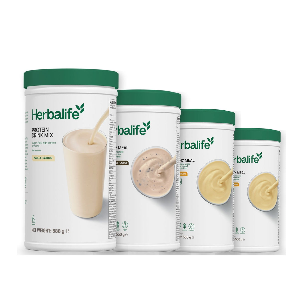 Formula 1 Cookie Crunch shake tub with two more Formula 1 tubs and a vanilla Protein Drink Mix tub, Banana Cream / Banana Cream