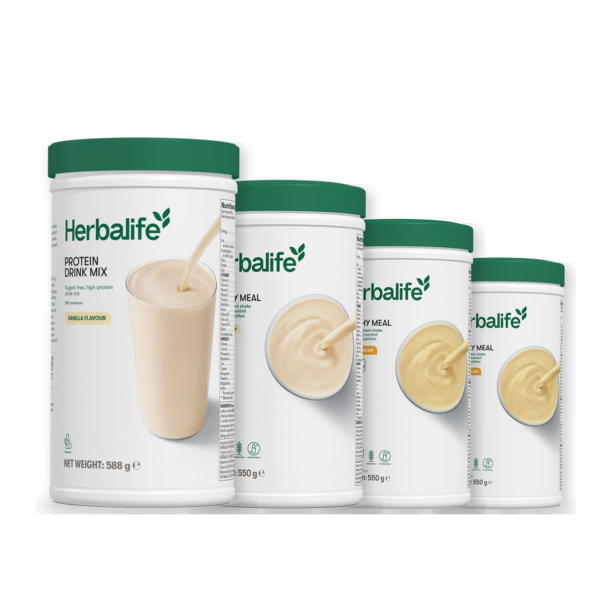 Formula 1 Vanilla Cream shake tub with two more Formula 1 tubs and a vanilla Protein Drink Mix tub, Banana Cream / Banana Cream