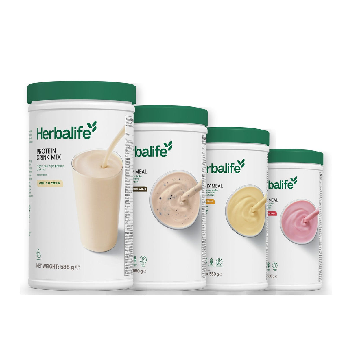 Formula 1 Cookie Crunch shake tub with two more Formula 1 tubs and a vanilla Protein Drink Mix tub, Banana Cream / Strawberry