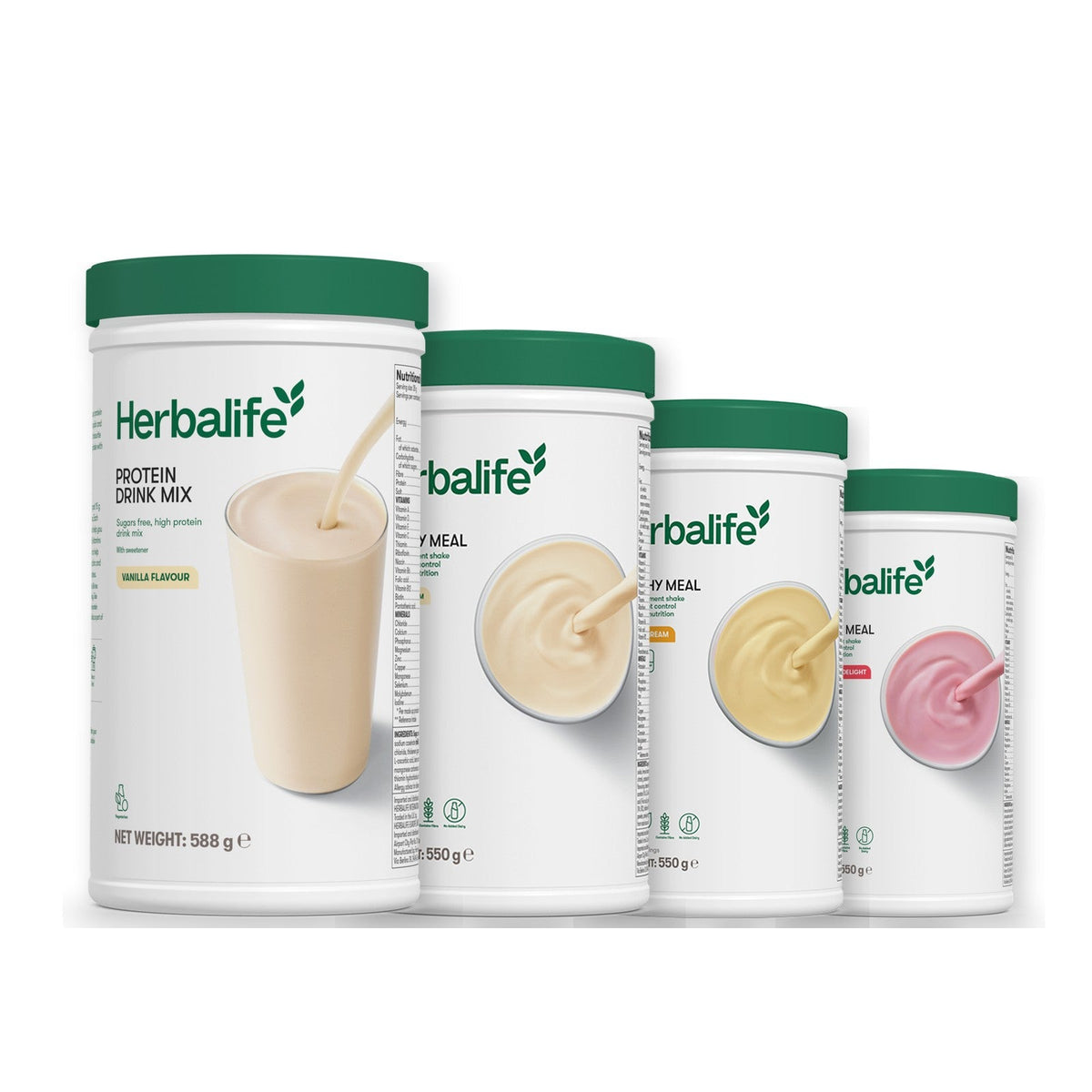 Formula 1 Vanilla Cream shake tub with two more Formula 1 tubs and a vanilla Protein Drink Mix tub, Banana Cream / Strawberry