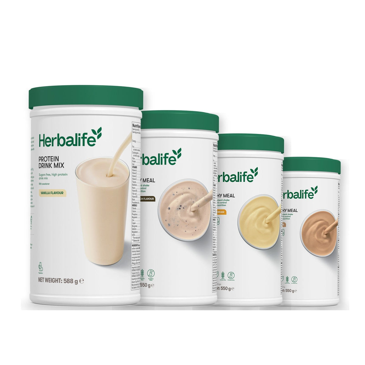 Formula 1 Cookie Crunch shake tub with two more Formula 1 tubs and a vanilla Protein Drink Mix tub, Banana Cream / Cafe Latte