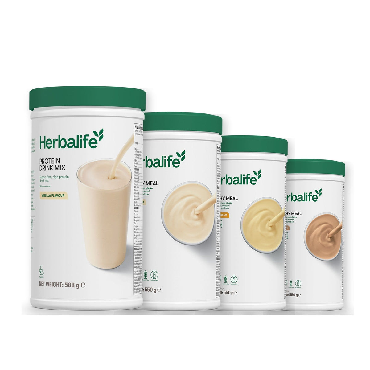 Formula 1 Vanilla Cream shake tub with two more Formula 1 tubs and a vanilla Protein Drink Mix tub, Banana Cream / Cafe Latte