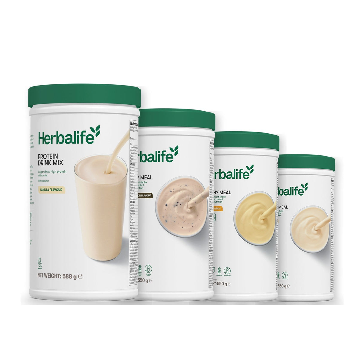 Formula 1 Cookie Crunch shake tub with two more Formula 1 tubs and a vanilla Protein Drink Mix tub, Banana Cream / Vanilla