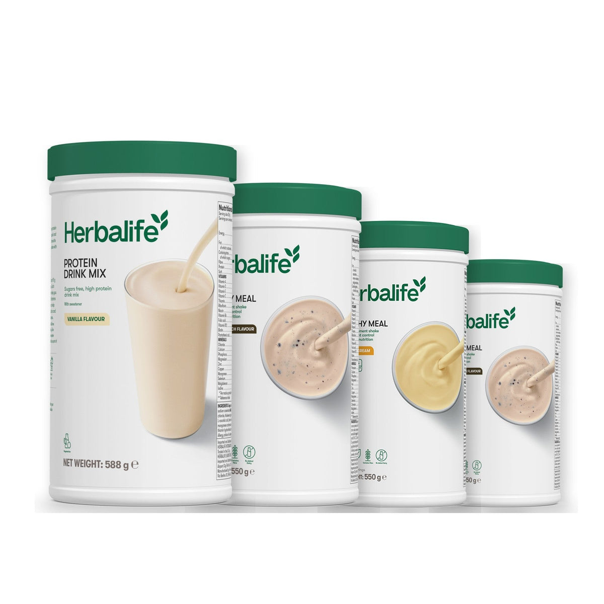 Formula 1 Cookie Crunch shake tub with two more Formula 1 tubs and a vanilla Protein Drink Mix tub, Banana Cream / Cookie Crunch