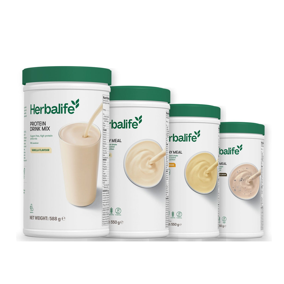 Formula 1 Vanilla Cream shake tub with two more Formula 1 tubs and a vanilla Protein Drink Mix tub, Banana Cream / Cookie Crunch