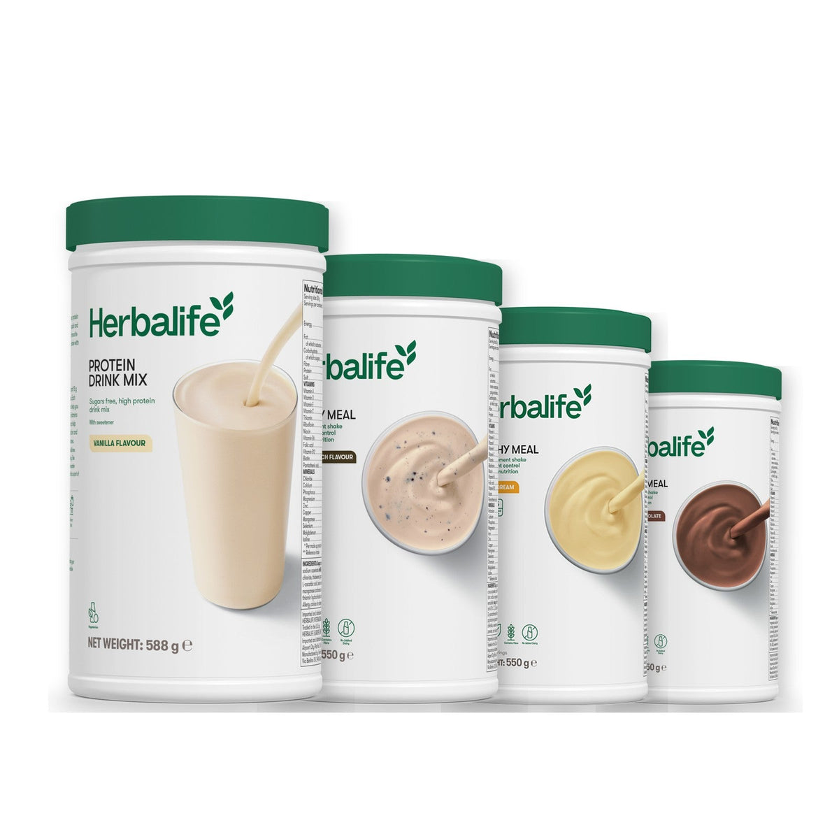 Formula 1 Cookie Crunch shake tub with two more Formula 1 tubs and a vanilla Protein Drink Mix tub, Banana Cream / Chocolate