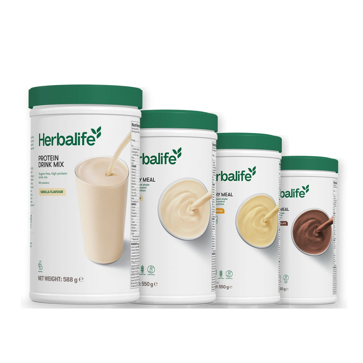 Formula 1 Vanilla Cream shake tub with two more Formula 1 tubs and a vanilla Protein Drink Mix tub, Banana Cream / Chocolate