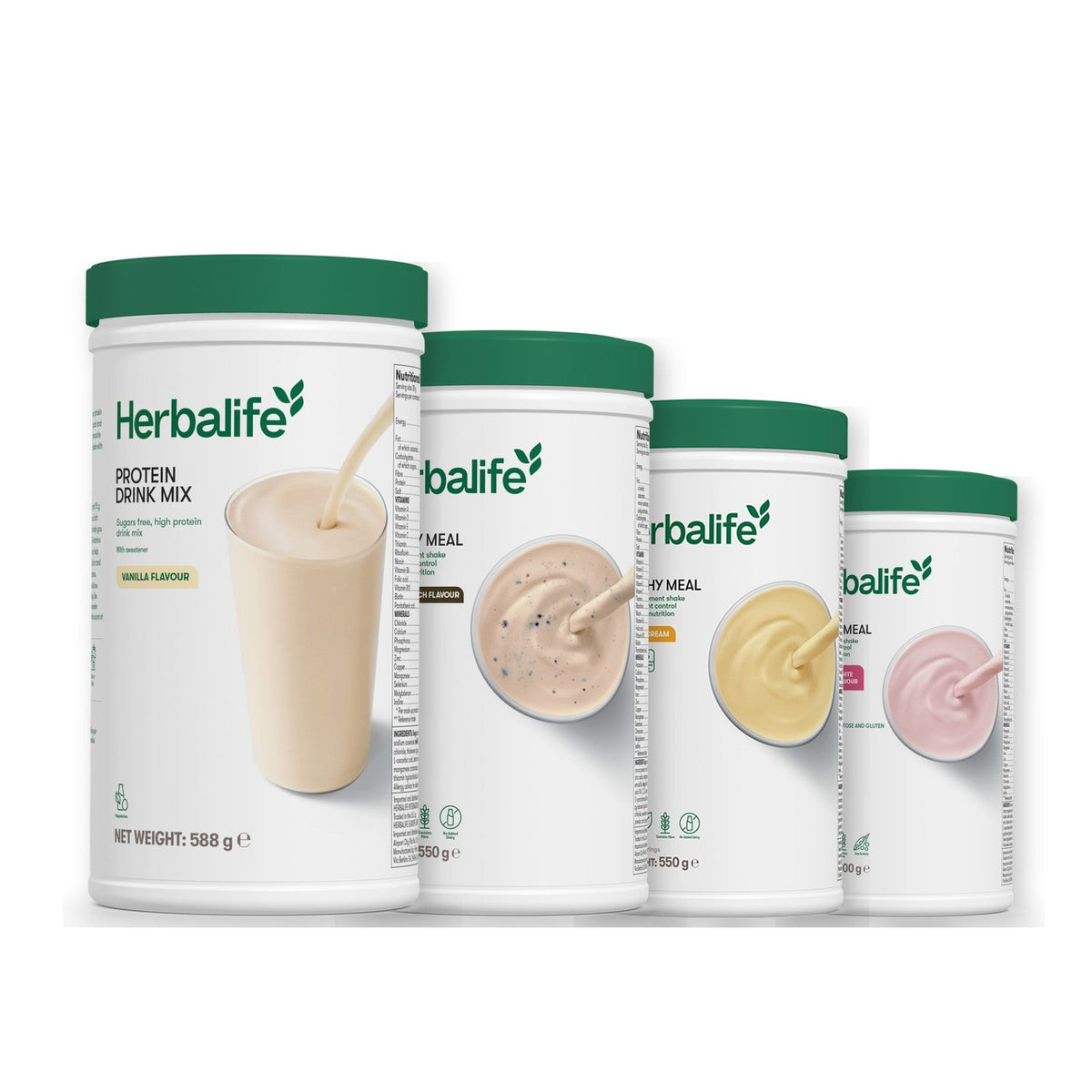 Formula 1 Cookie Crunch shake tub with two more Formula 1 tubs and a vanilla Protein Drink Mix tub, Banana Cream / Free From Raspberry & White Chocolate