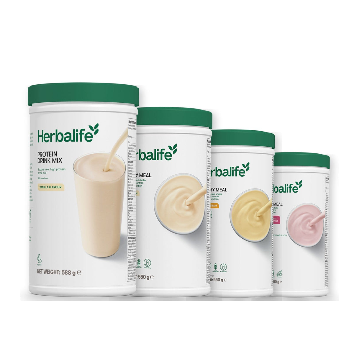 Formula 1 Vanilla Cream shake tub with two more Formula 1 tubs and a vanilla Protein Drink Mix tub, Banana Cream / Free From Raspberry & White Chocolate