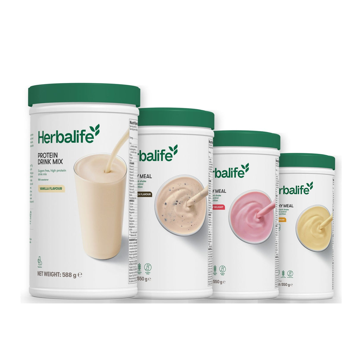 Formula 1 Cookie Crunch shake tub with two more Formula 1 tubs and a vanilla Protein Drink Mix tub, Strawberry / Banana Cream