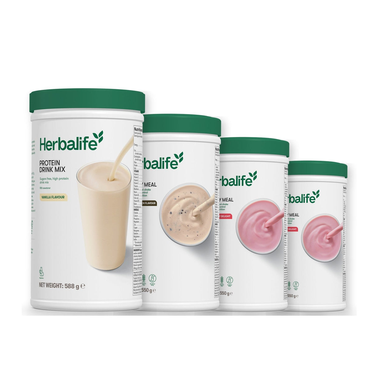 Formula 1 Cookie Crunch shake tub with two more Formula 1 tubs and a vanilla Protein Drink Mix tub, Strawberry / Strawberry