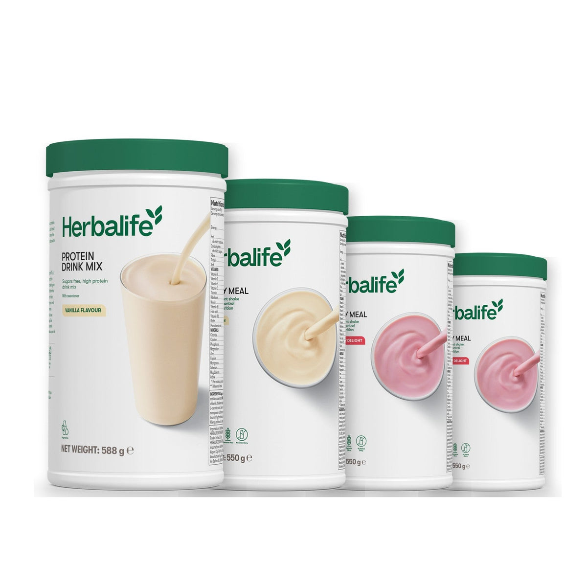 Formula 1 Vanilla Cream shake tub with two more Formula 1 tubs and a vanilla Protein Drink Mix tub, Strawberry / Strawberry