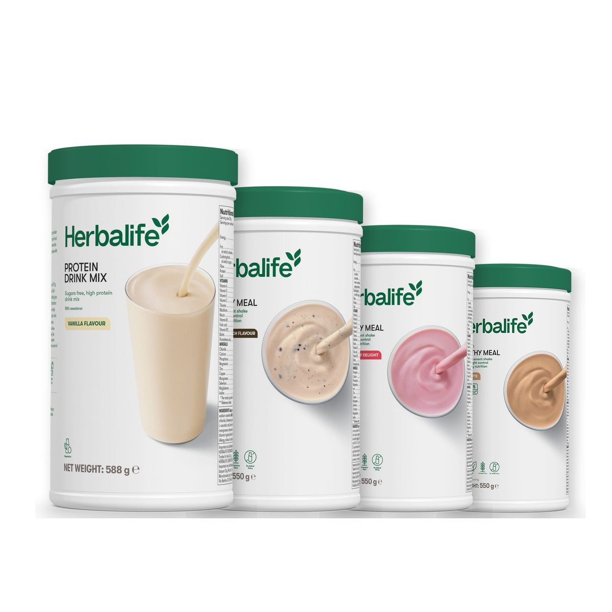 Formula 1 Cookie Crunch shake tub with two more Formula 1 tubs and a vanilla Protein Drink Mix tub, Strawberry / Cafe Latte