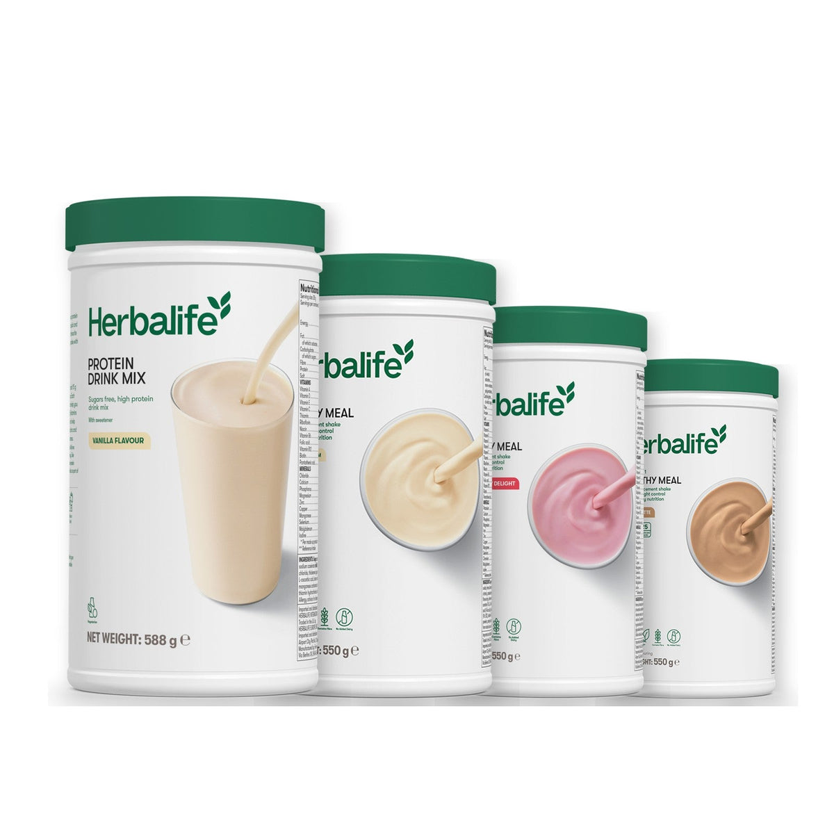 Formula 1 Vanilla Cream shake tub with two more Formula 1 tubs and a vanilla Protein Drink Mix tub, Strawberry / Cafe Latte