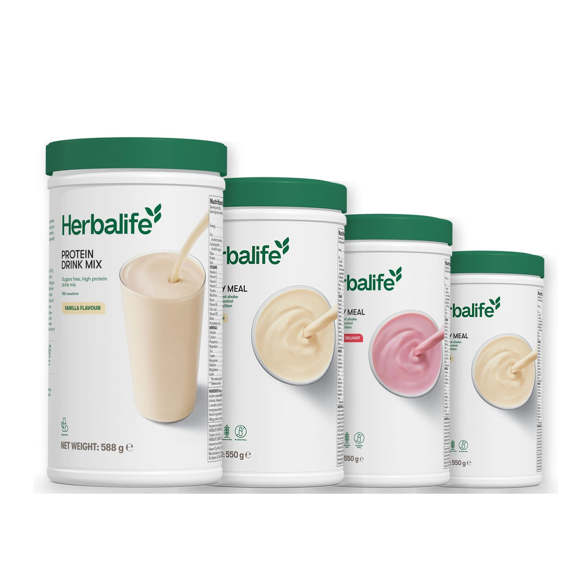 Formula 1 Vanilla Cream shake tub with two more Formula 1 tubs and a vanilla Protein Drink Mix tub, Strawberry / Vanilla