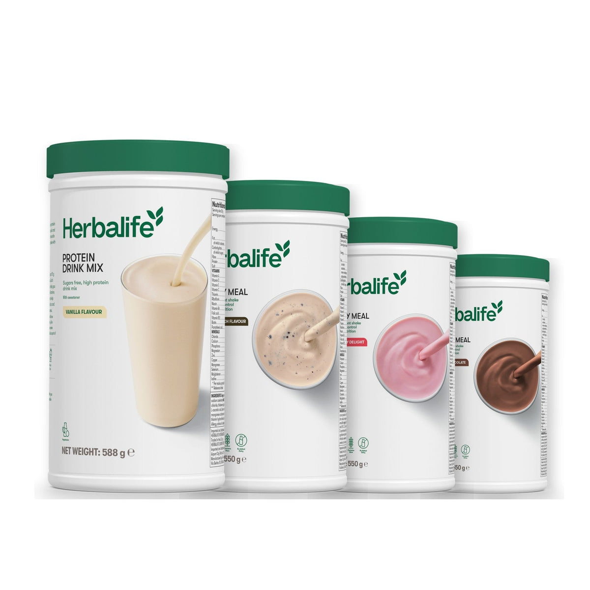 Formula 1 Cookie Crunch shake tub with two more Formula 1 tubs and a vanilla Protein Drink Mix tub, Strawberry / Chocolate