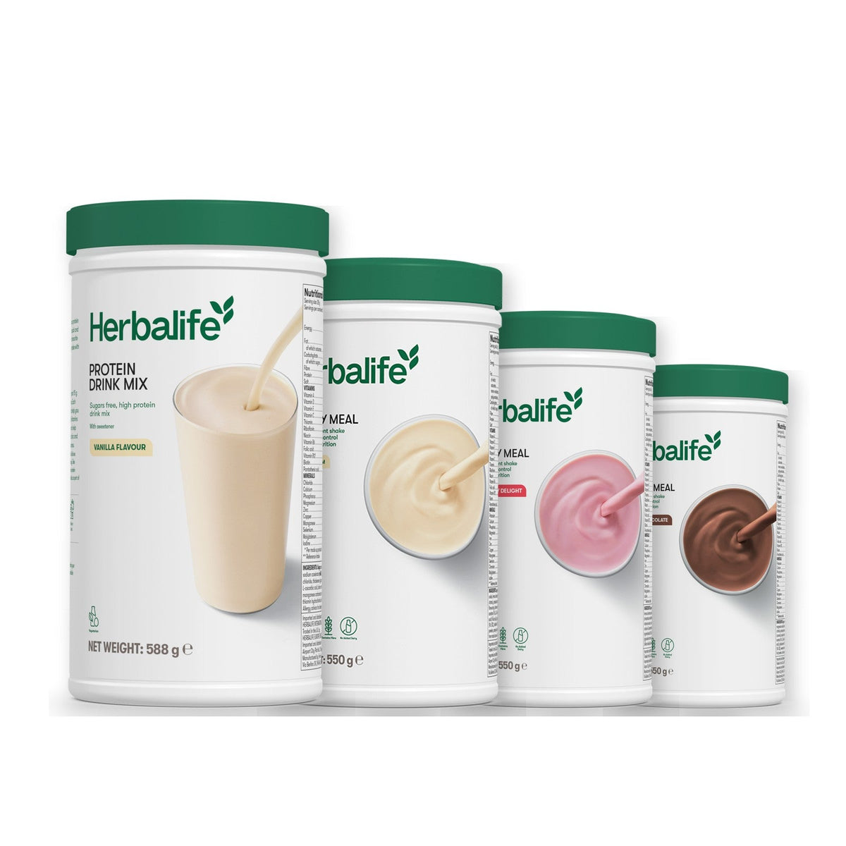 Formula 1 Vanilla Cream shake tub with two more Formula 1 tubs and a vanilla Protein Drink Mix tub, Strawberry / Chocolate