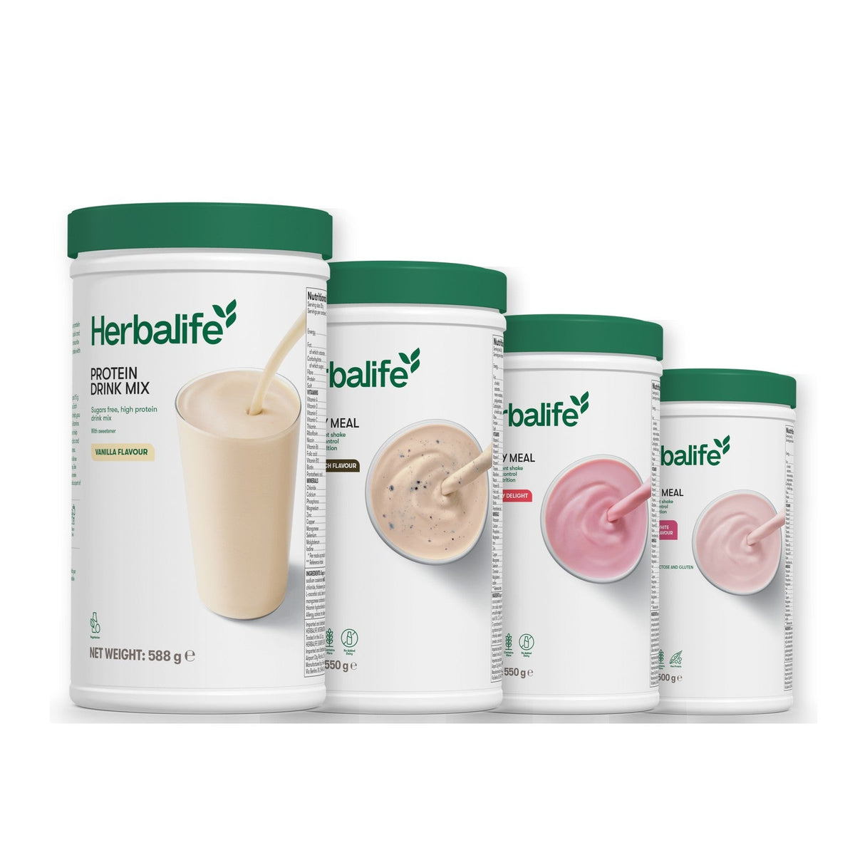 Formula 1 Cookie Crunch shake tub with two more Formula 1 tubs and a vanilla Protein Drink Mix tub, Strawberry / Free From Raspberry & White Chocolate