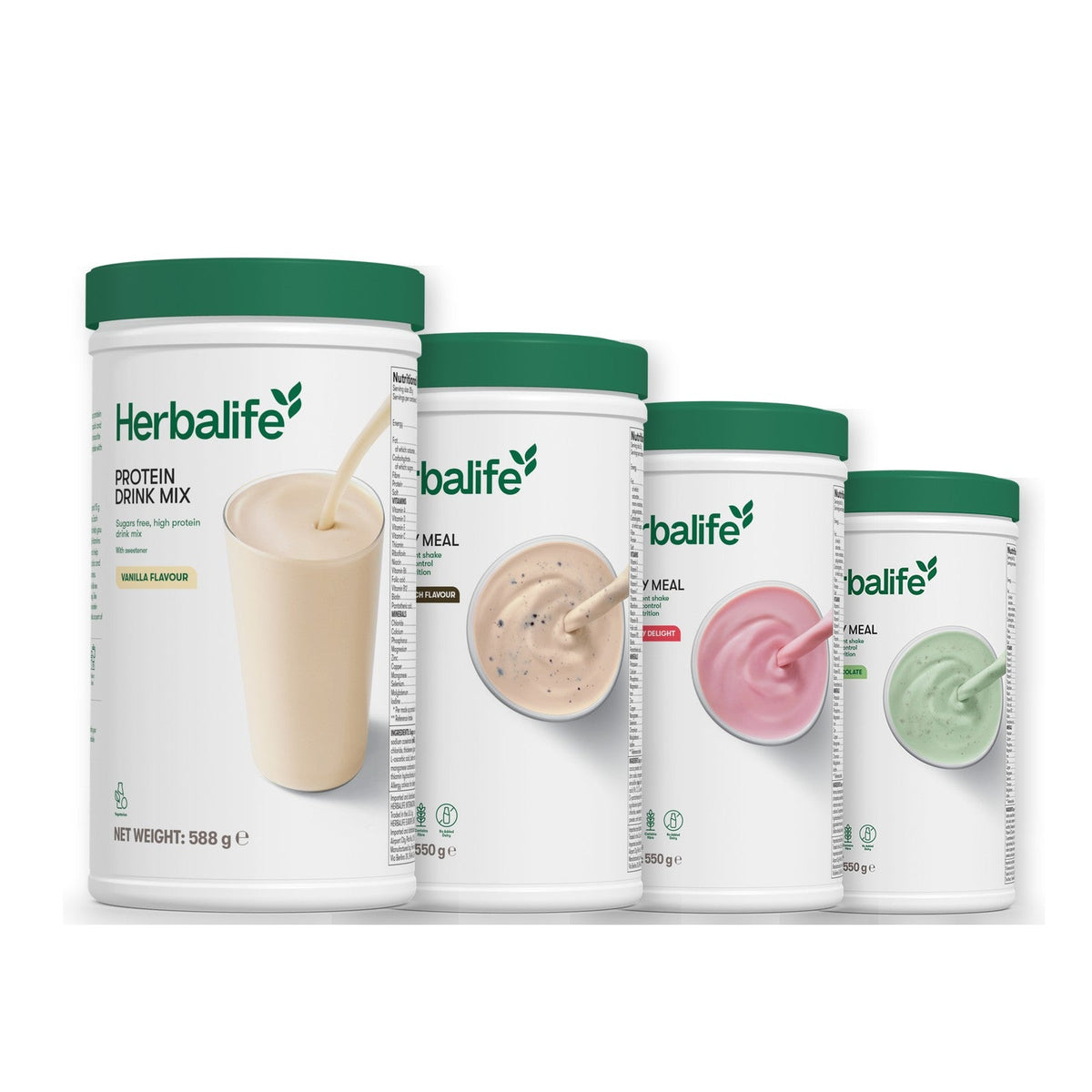 Formula 1 Cookie Crunch shake tub with two more Formula 1 tubs and a vanilla Protein Drink Mix tub, Strawberry / Mint Chocolate