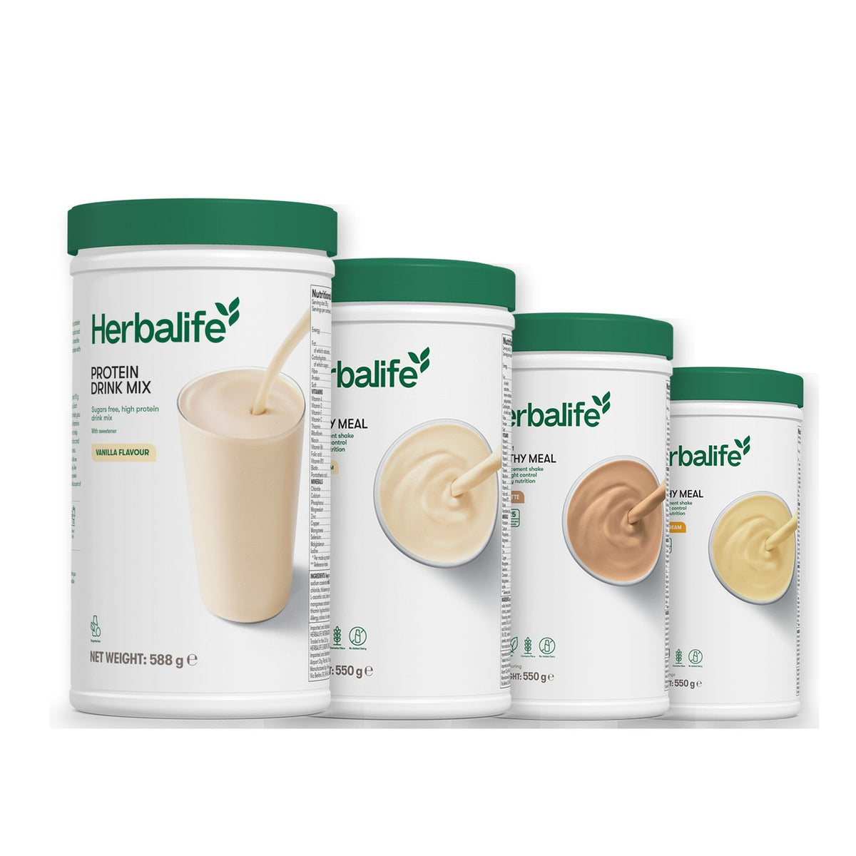 Formula 1 Vanilla Cream shake tub with two more Formula 1 tubs and a vanilla Protein Drink Mix tub, Cafe Latte / Banana Cream