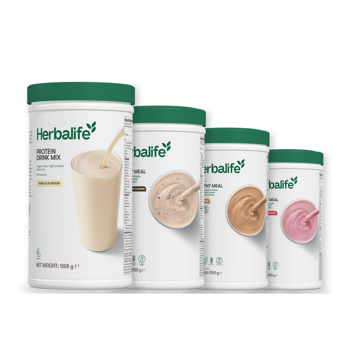 Formula 1 Cookie Crunch shake tub with two more Formula 1 tubs and a vanilla Protein Drink Mix tub, Cafe Latte / Strawberry