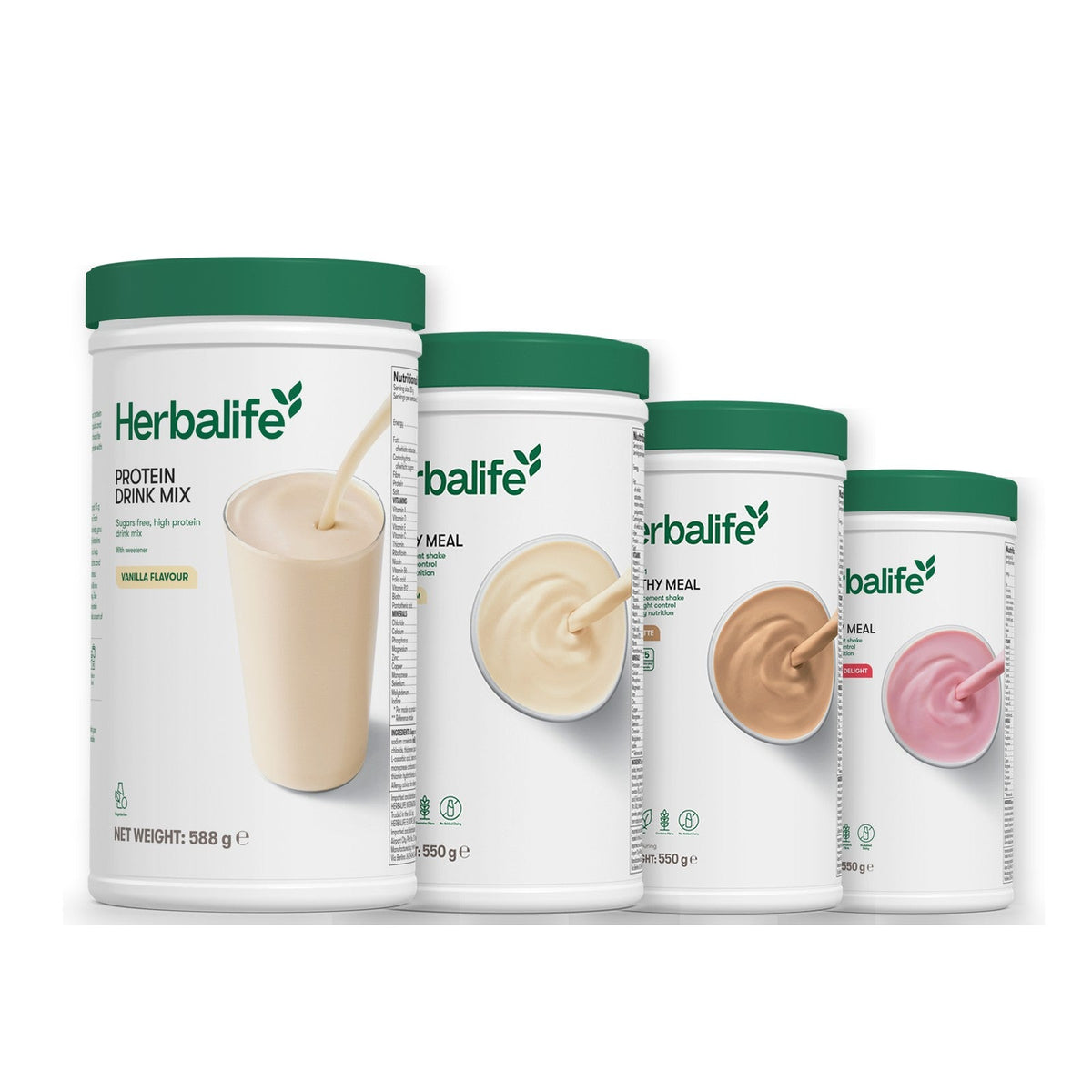 Formula 1 Vanilla Cream shake tub with two more Formula 1 tubs and a vanilla Protein Drink Mix tub, Cafe Latte / Strawberry