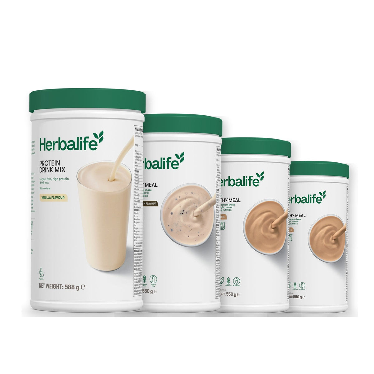 Formula 1 Cookie Crunch shake tub with two more Formula 1 tubs and a vanilla Protein Drink Mix tub, Cafe Latte / Cafe Latte