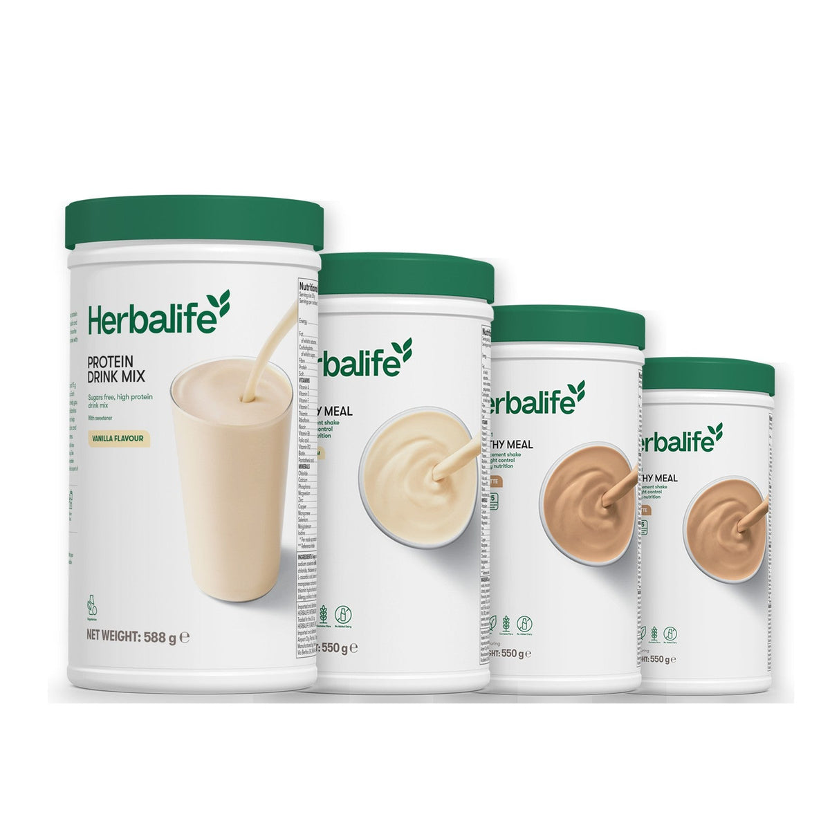 Formula 1 Vanilla Cream shake tub with two more Formula 1 tubs and a vanilla Protein Drink Mix tub, Cafe Latte / Cafe Latte