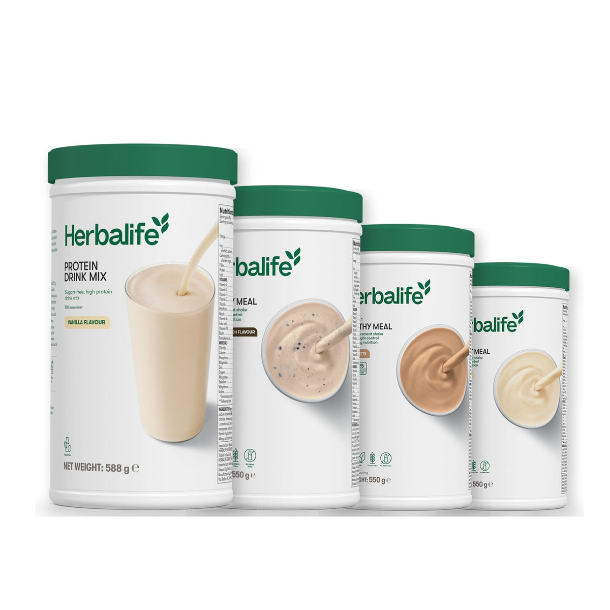 Formula 1 Cookie Crunch shake tub with two more Formula 1 tubs and a vanilla Protein Drink Mix tub, Cafe Latte / Vanilla