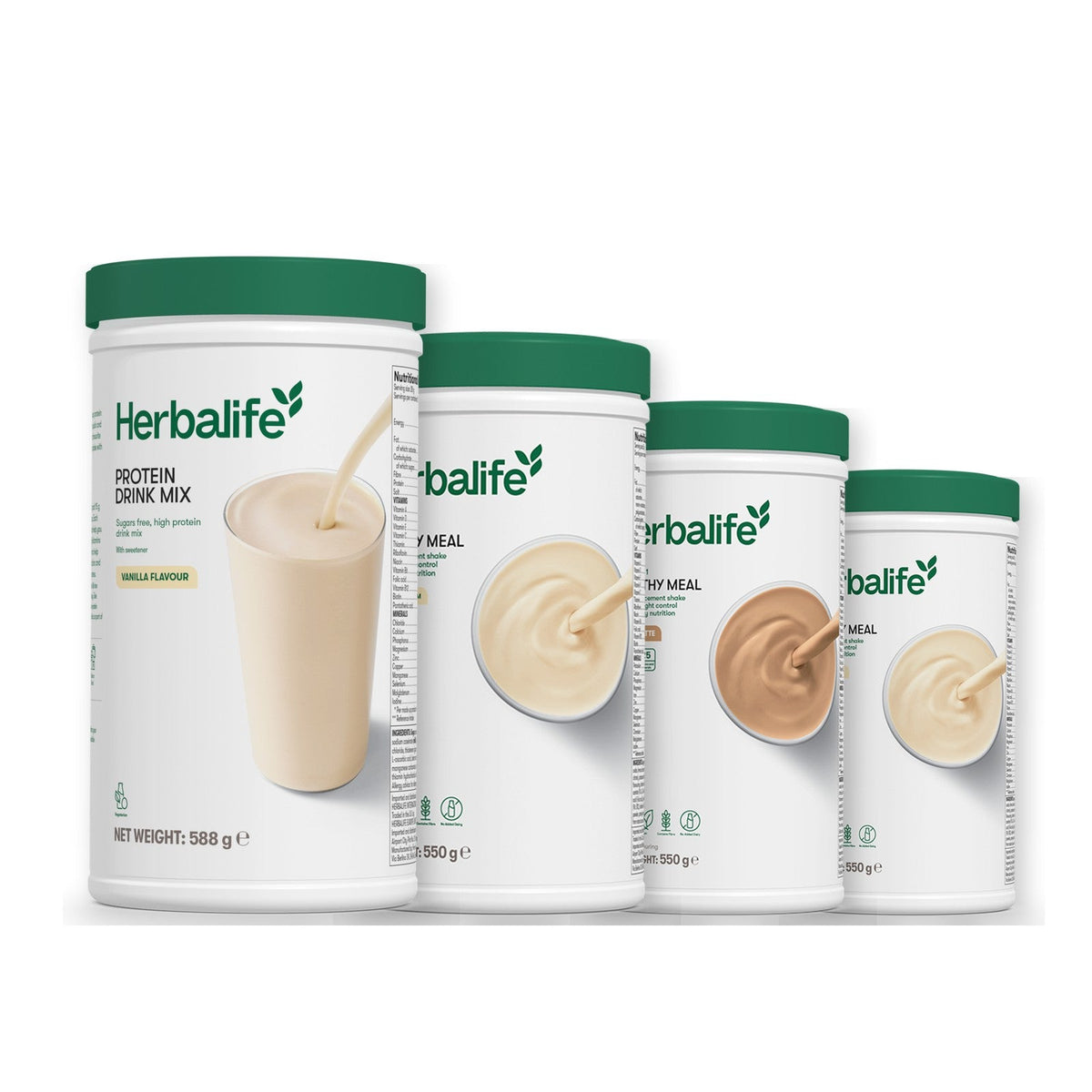 Formula 1 Vanilla Cream shake tub with two more Formula 1 tubs and a vanilla Protein Drink Mix tub, Cafe Latte / Vanilla