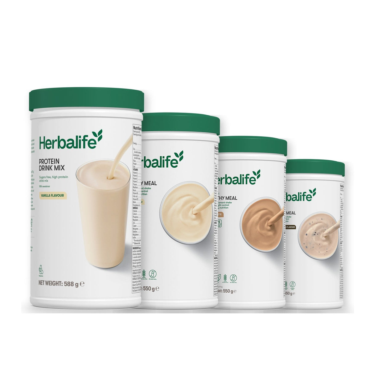 Formula 1 Vanilla Cream shake tub with two more Formula 1 tubs and a vanilla Protein Drink Mix tub, Cafe Latte / Cookie Crunch