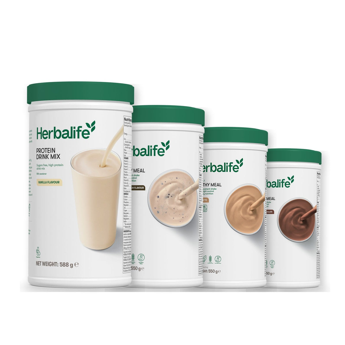 Formula 1 Cookie Crunch shake tub with two more Formula 1 tubs and a vanilla Protein Drink Mix tub, Cafe Latte / Chocolate