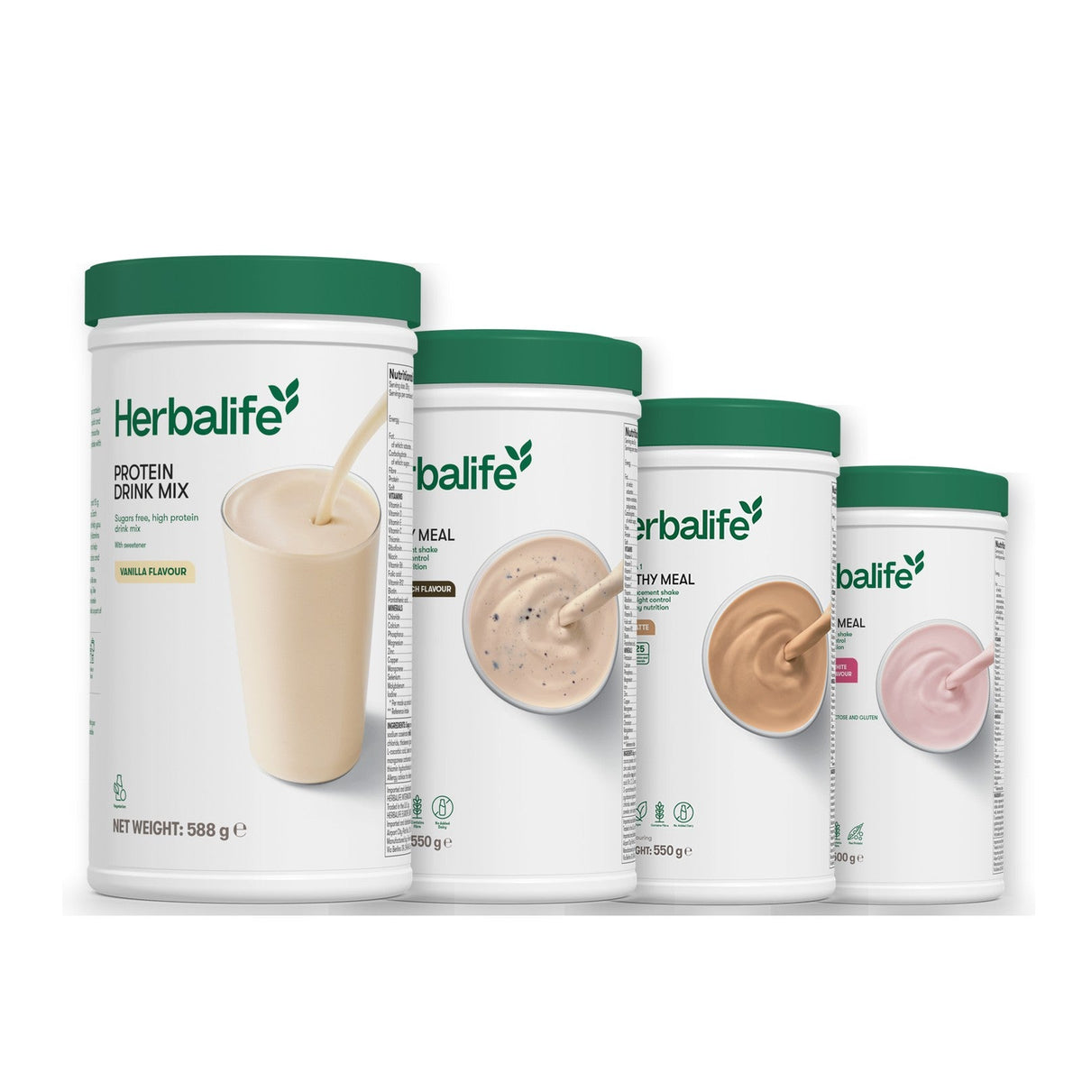 Formula 1 Cookie Crunch shake tub with two more Formula 1 tubs and a vanilla Protein Drink Mix tub, Cafe Latte / Free From Raspberry & White Chocolate