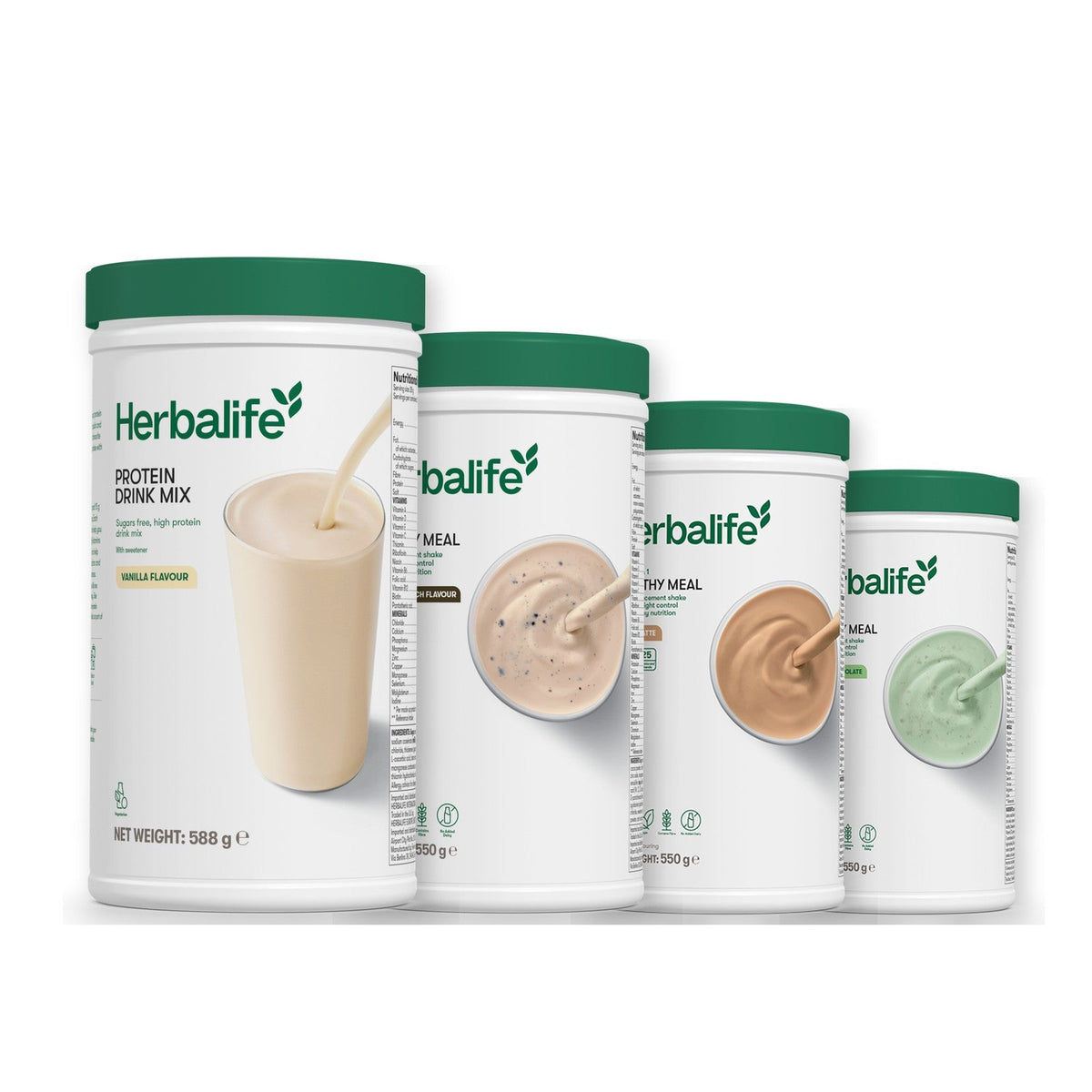 Formula 1 Cookie Crunch shake tub with two more Formula 1 tubs and a vanilla Protein Drink Mix tub, Cafe Latte / Mint Chocolate