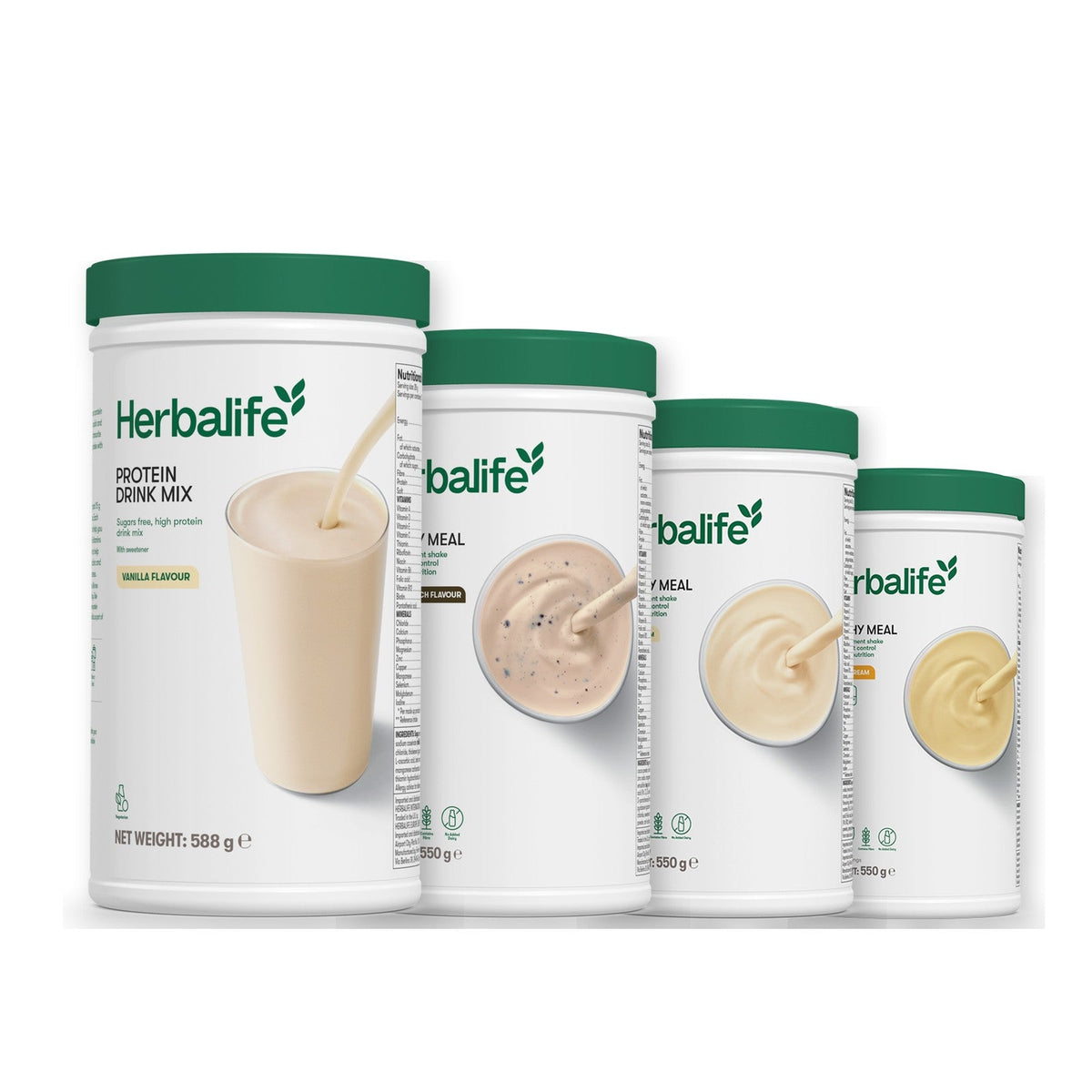 Formula 1 Cookie Crunch shake tub with two more Formula 1 tubs and a vanilla Protein Drink Mix tub, Vanilla / Banana Cream