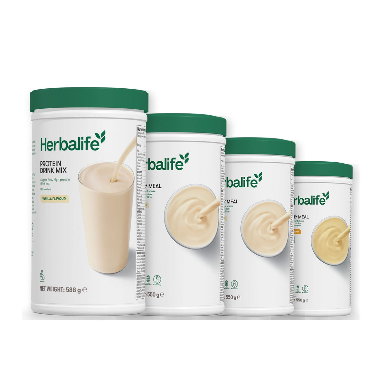Formula 1 Vanilla Cream shake tub with two more Formula 1 tubs and a vanilla Protein Drink Mix tub, Vanilla / Banana Cream