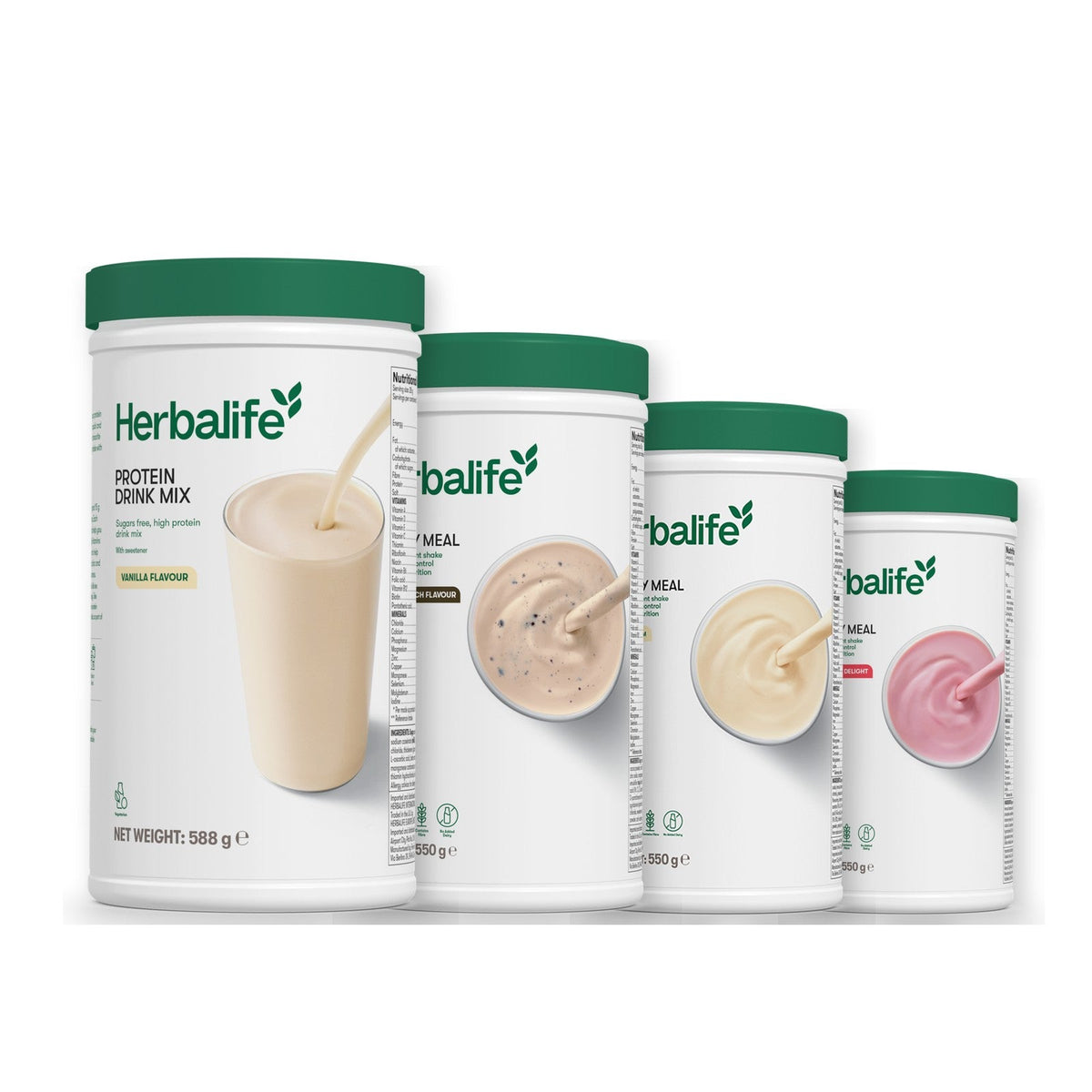 Formula 1 Cookie Crunch shake tub with two more Formula 1 tubs and a vanilla Protein Drink Mix tub, Vanilla / Strawberry