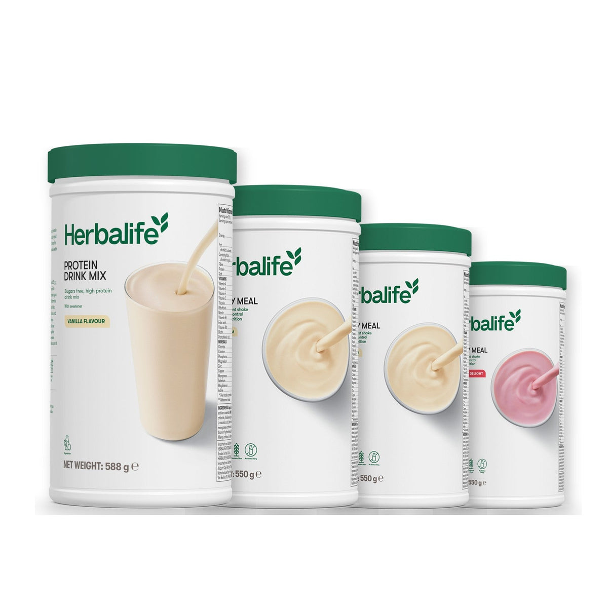 Formula 1 Vanilla Cream shake tub with two more Formula 1 tubs and a vanilla Protein Drink Mix tub, Vanilla / Strawberry