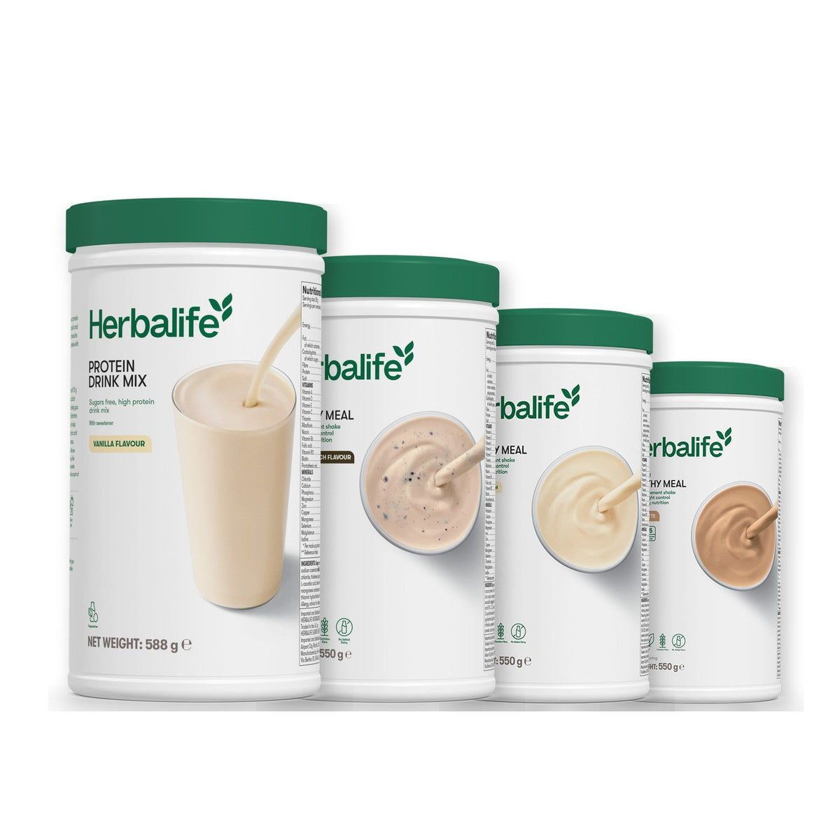 Formula 1 Cookie Crunch shake tub with two more Formula 1 tubs and a vanilla Protein Drink Mix tub, Vanilla / Cafe Latte