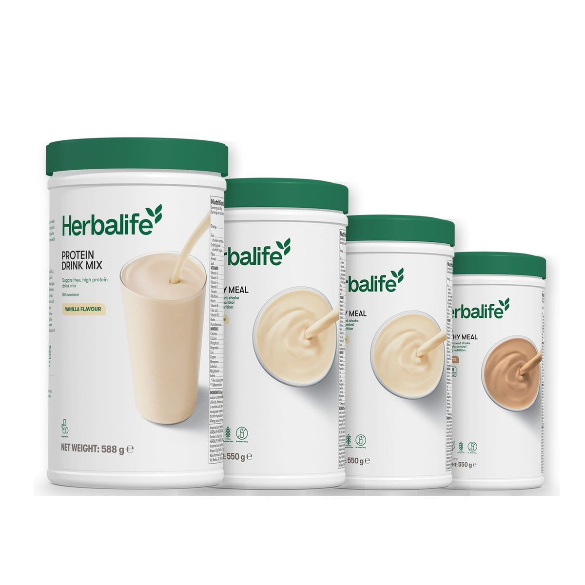 Formula 1 Vanilla Cream shake tub with two more Formula 1 tubs and a vanilla Protein Drink Mix tub, Vanilla / Cafe Latte