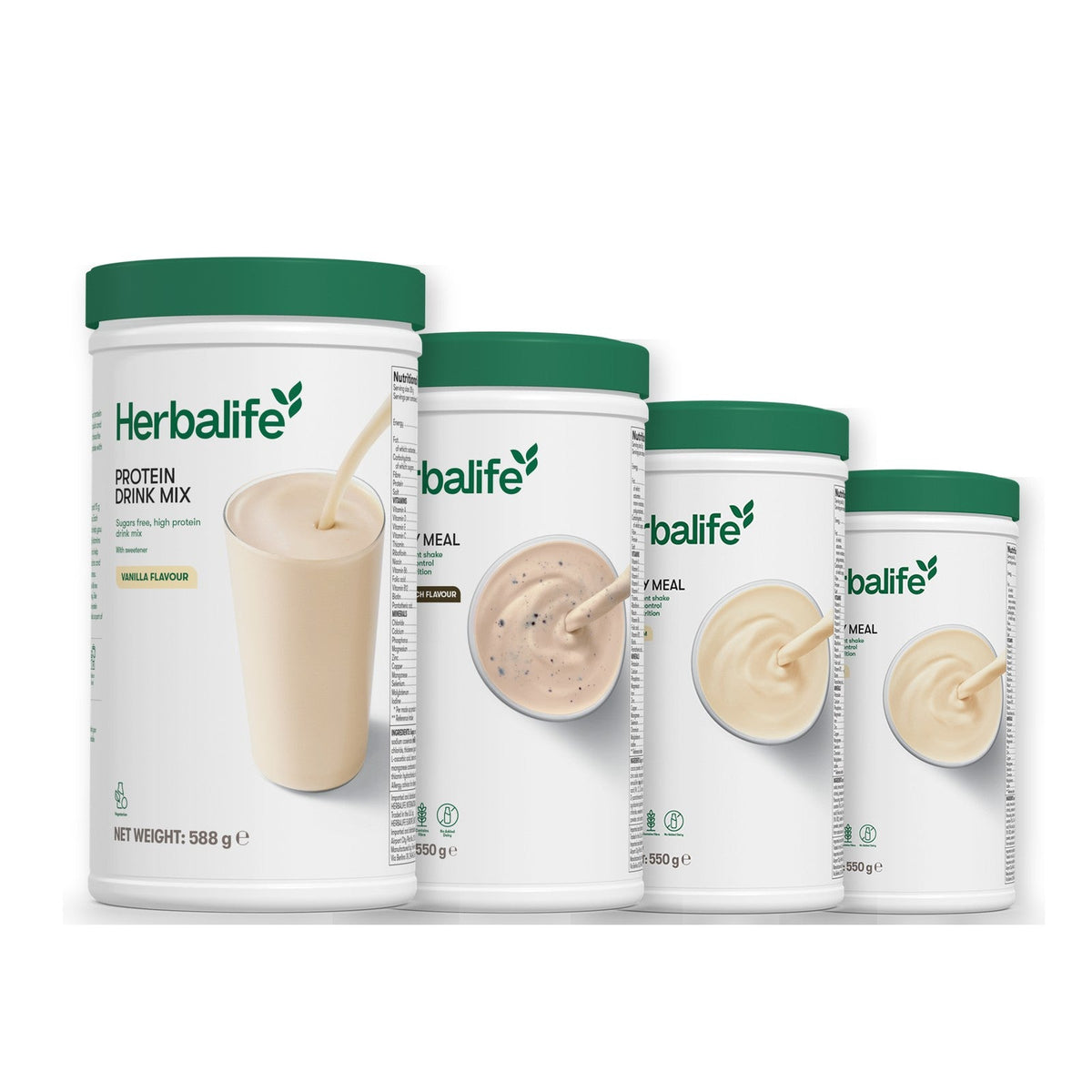 Formula 1 Cookie Crunch shake tub with two more Formula 1 tubs and a vanilla Protein Drink Mix tub, Vanilla / Vanilla