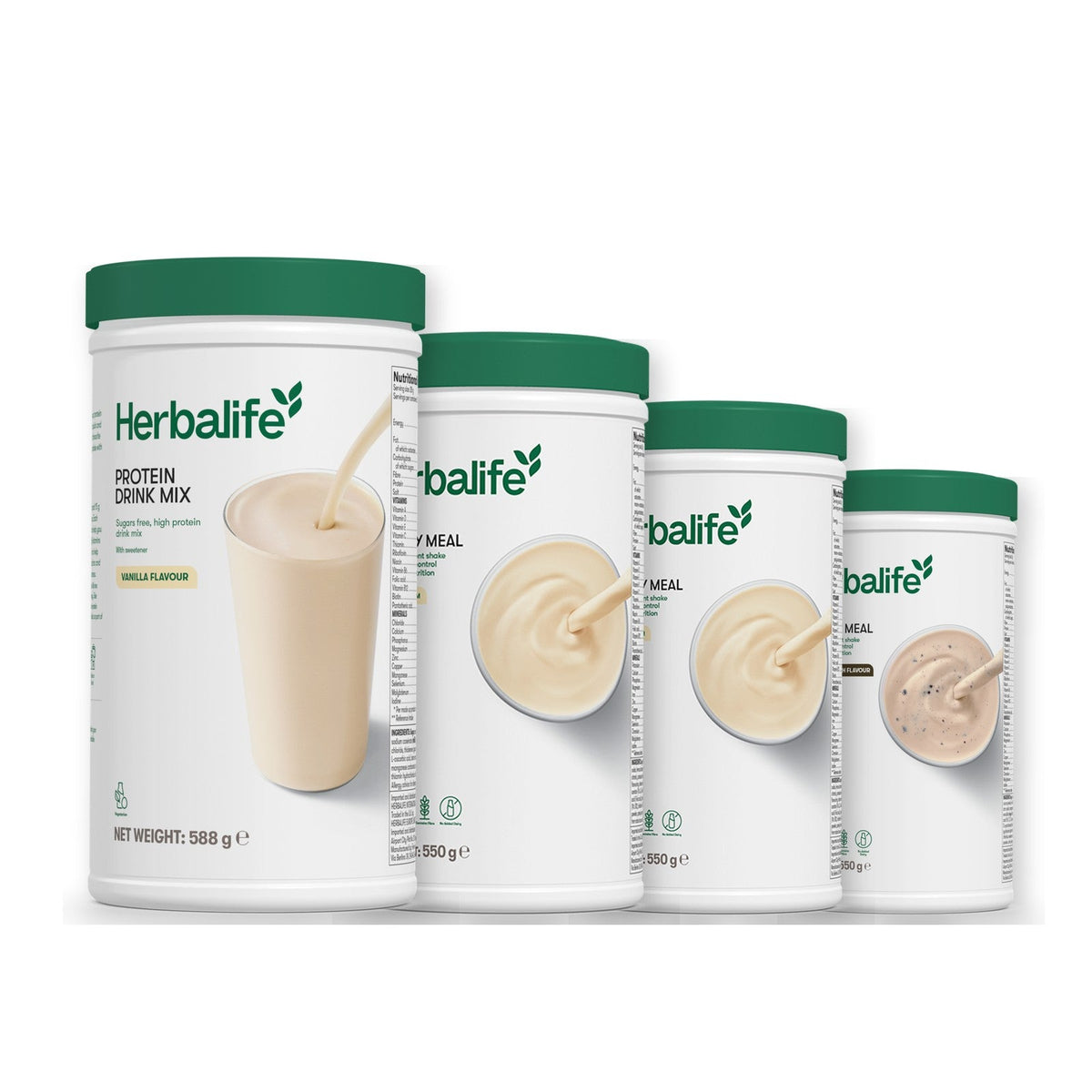Formula 1 Vanilla Cream shake tub with two more Formula 1 tubs and a vanilla Protein Drink Mix tub, Vanilla / Cookie Crunch