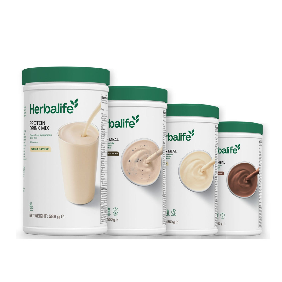 Formula 1 Cookie Crunch shake tub with two more Formula 1 tubs and a vanilla Protein Drink Mix tub, Vanilla / Chocolate