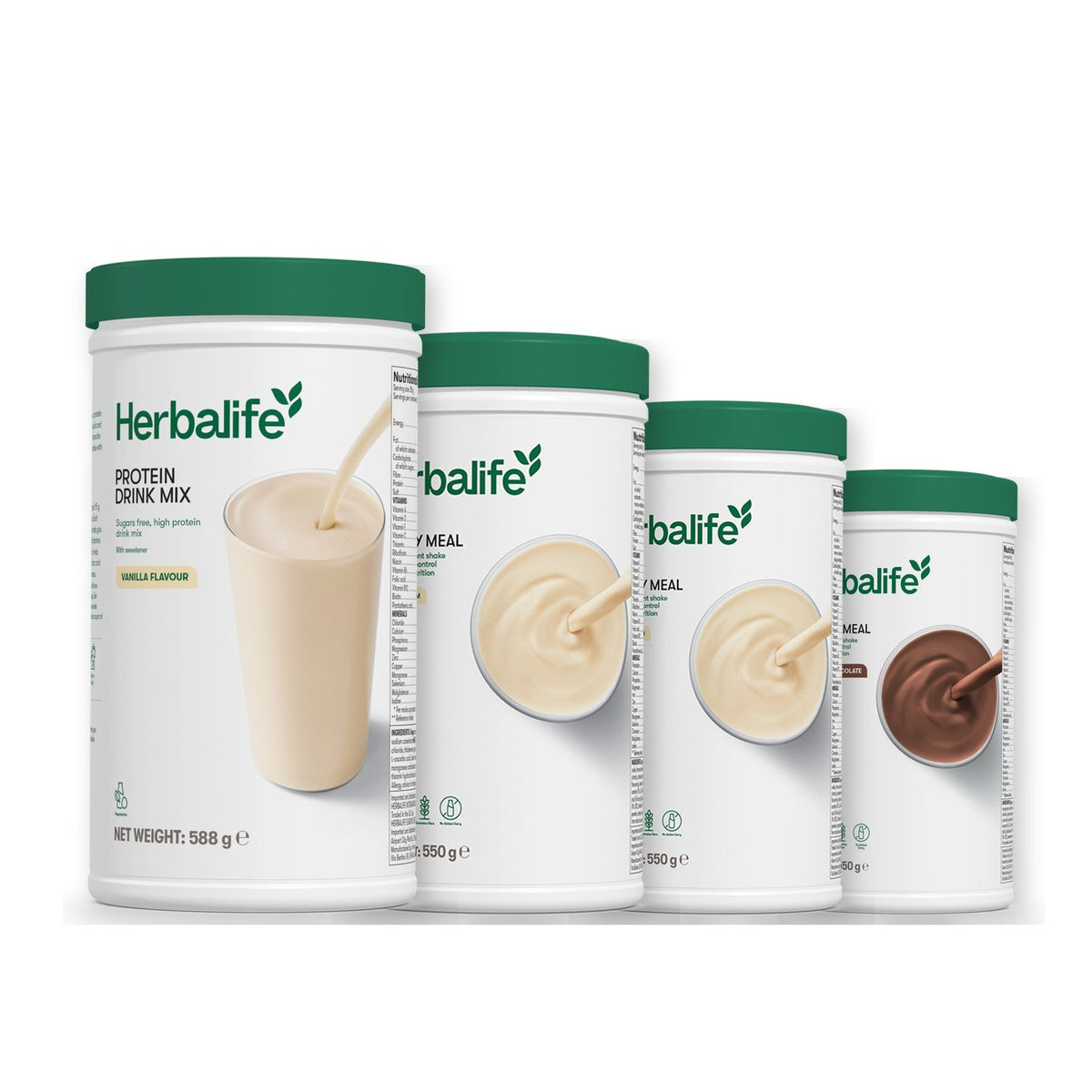 Formula 1 Vanilla Cream shake tub with two more Formula 1 tubs and a vanilla Protein Drink Mix tub, Vanilla / Chocolate