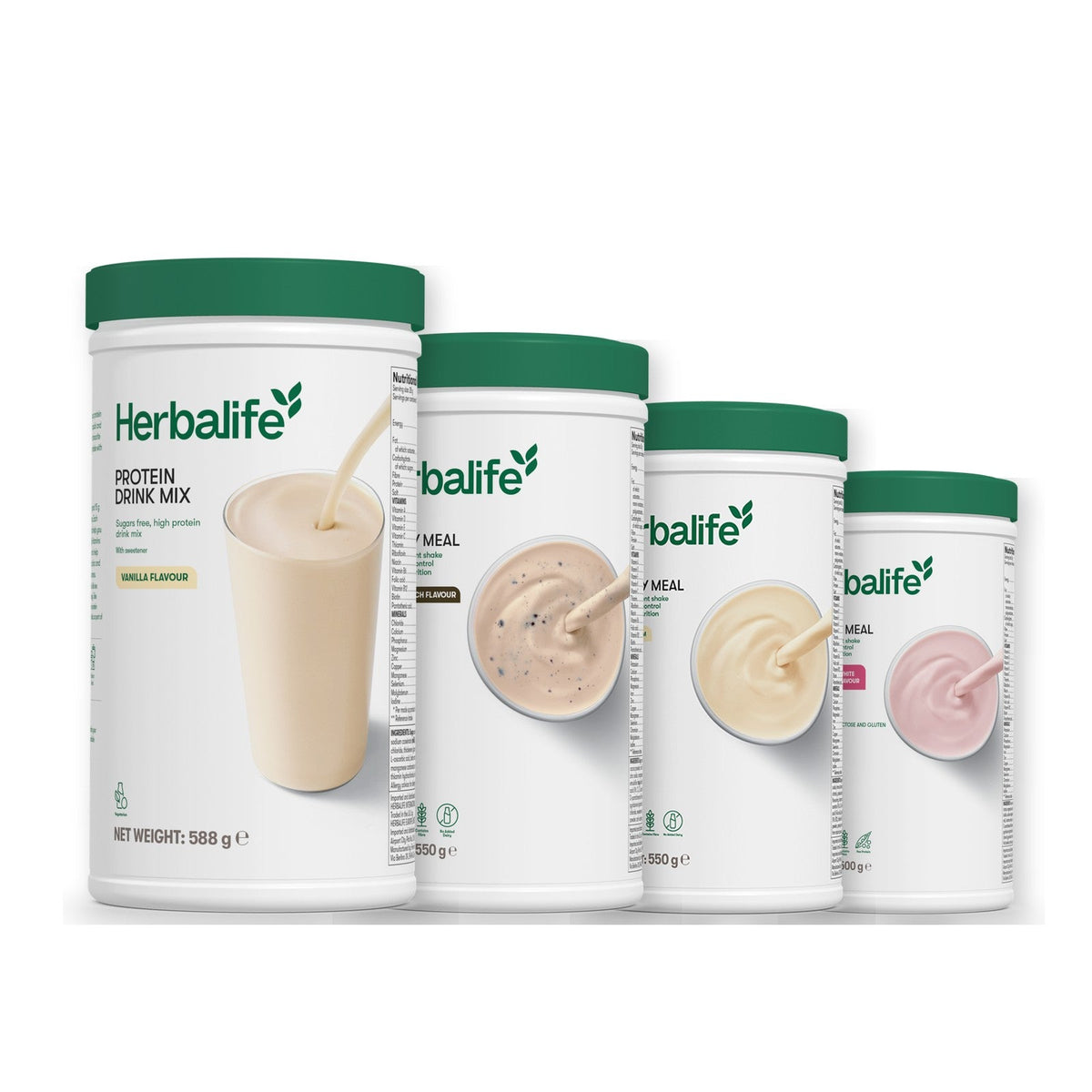 Formula 1 Cookie Crunch shake tub with two more Formula 1 tubs and a vanilla Protein Drink Mix tub, Vanilla / Free From Raspberry & White Chocolate