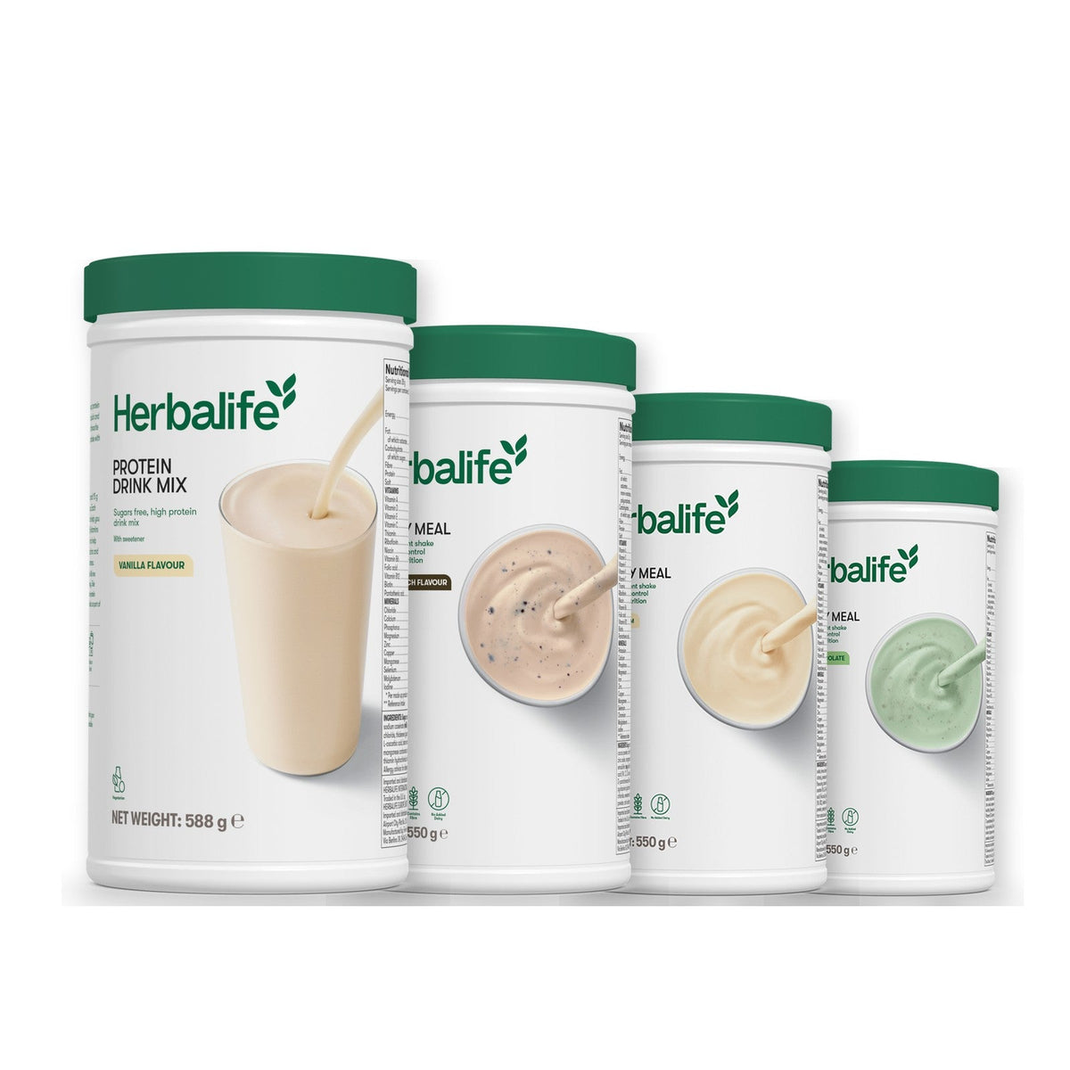Formula 1 Cookie Crunch shake tub with two more Formula 1 tubs and a vanilla Protein Drink Mix tub, Vanilla / Mint Chocolate