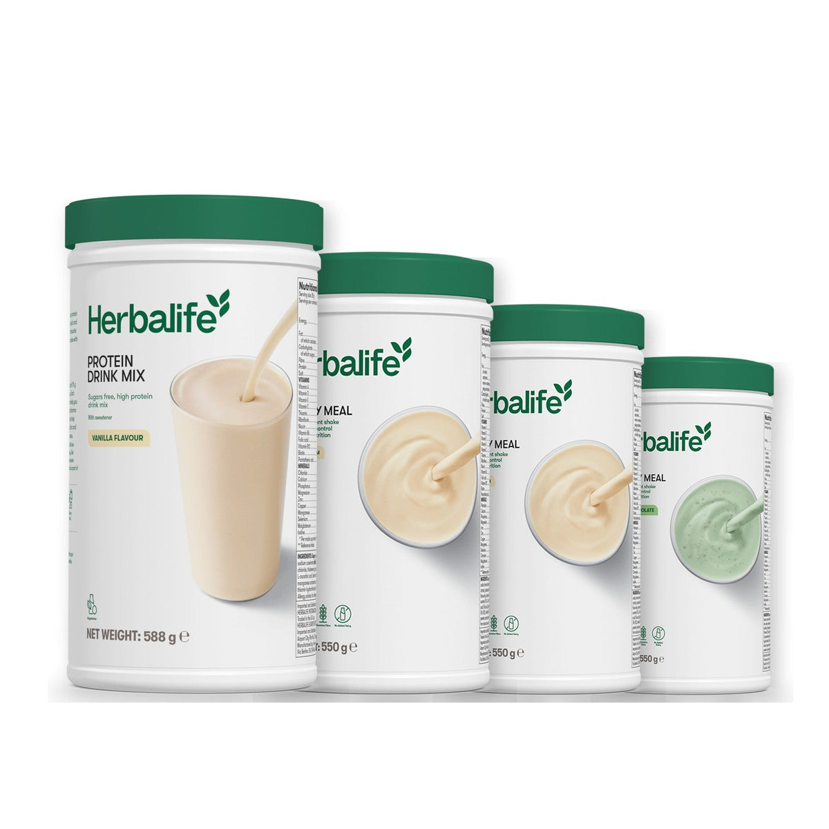 Formula 1 Vanilla Cream shake tub with two more Formula 1 tubs and a vanilla Protein Drink Mix tub, Vanilla / Mint Chocolate