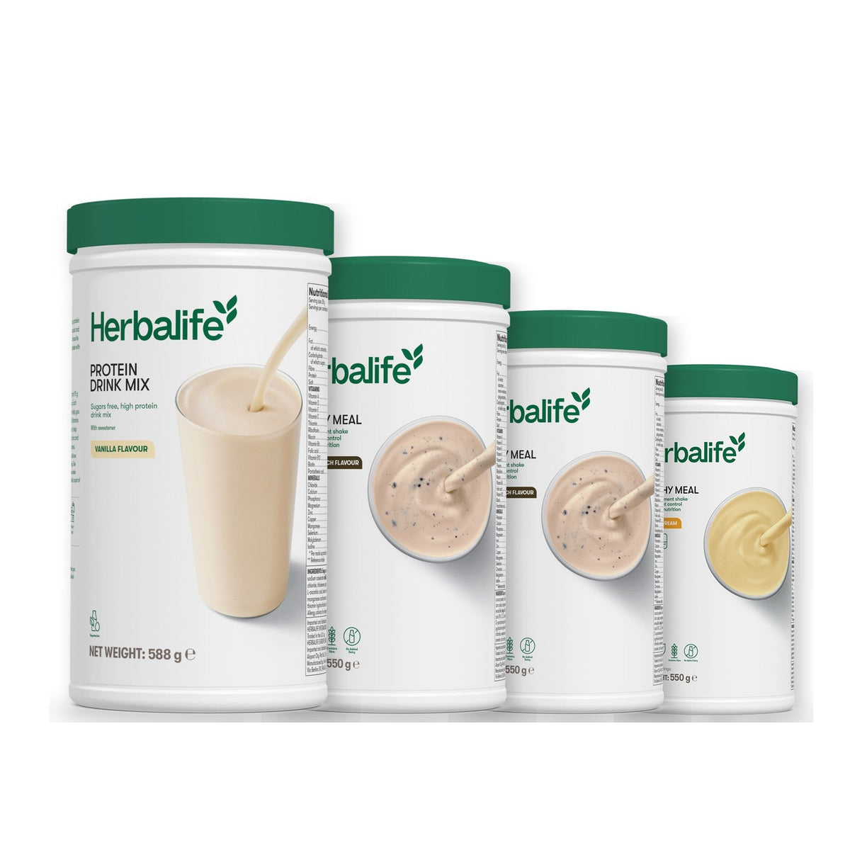 Formula 1 Cookie Crunch shake tub with two more Formula 1 tubs and a vanilla Protein Drink Mix tub, Cookie Crunch / Banana Cream