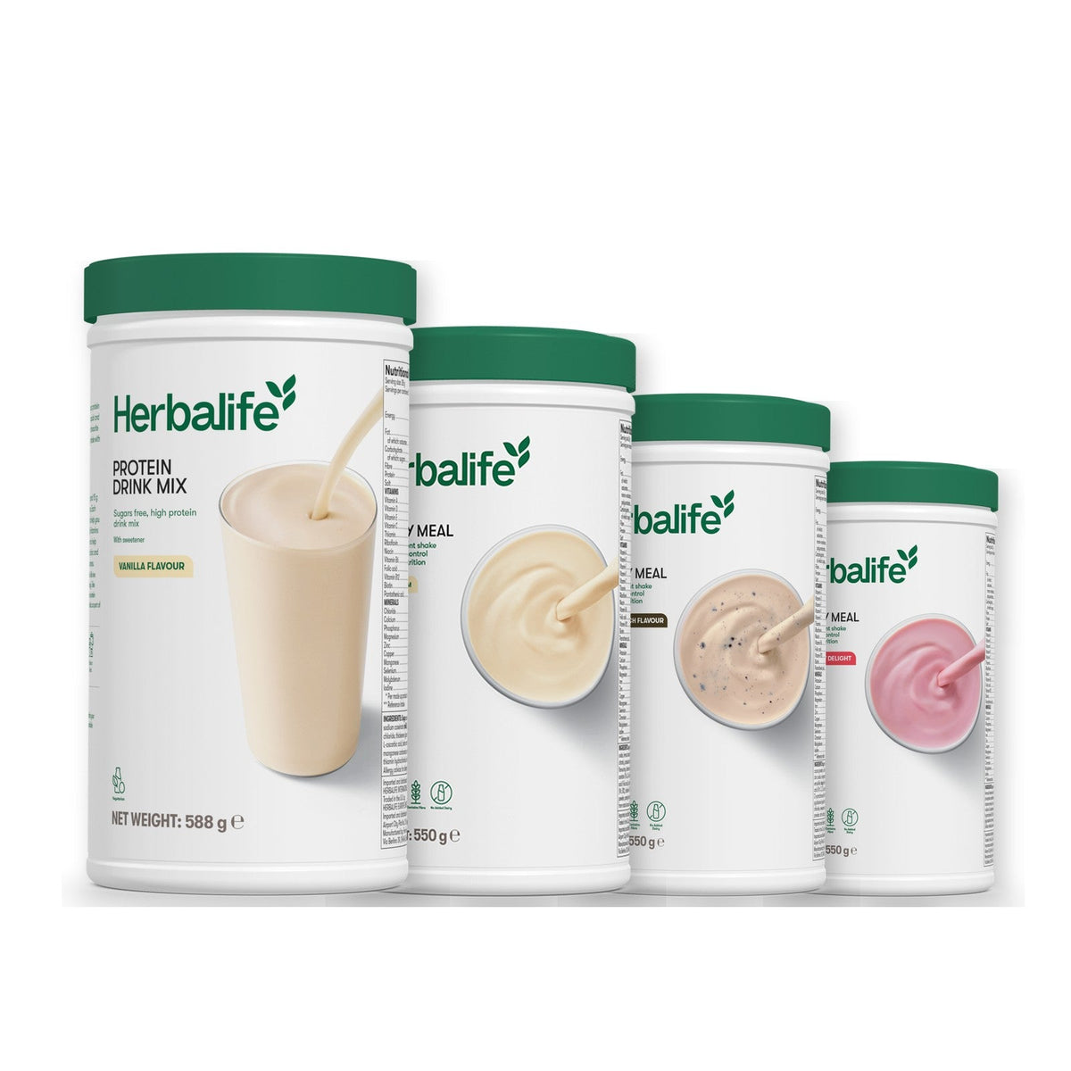 Formula 1 Vanilla Cream shake tub with two more Formula 1 tubs and a vanilla Protein Drink Mix tub, Cookie Crunch / Strawberry