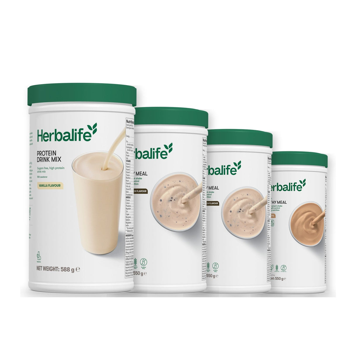 Formula 1 Cookie Crunch shake tub with two more Formula 1 tubs and a vanilla Protein Drink Mix tub, Cookie Crunch / Cafe Latte